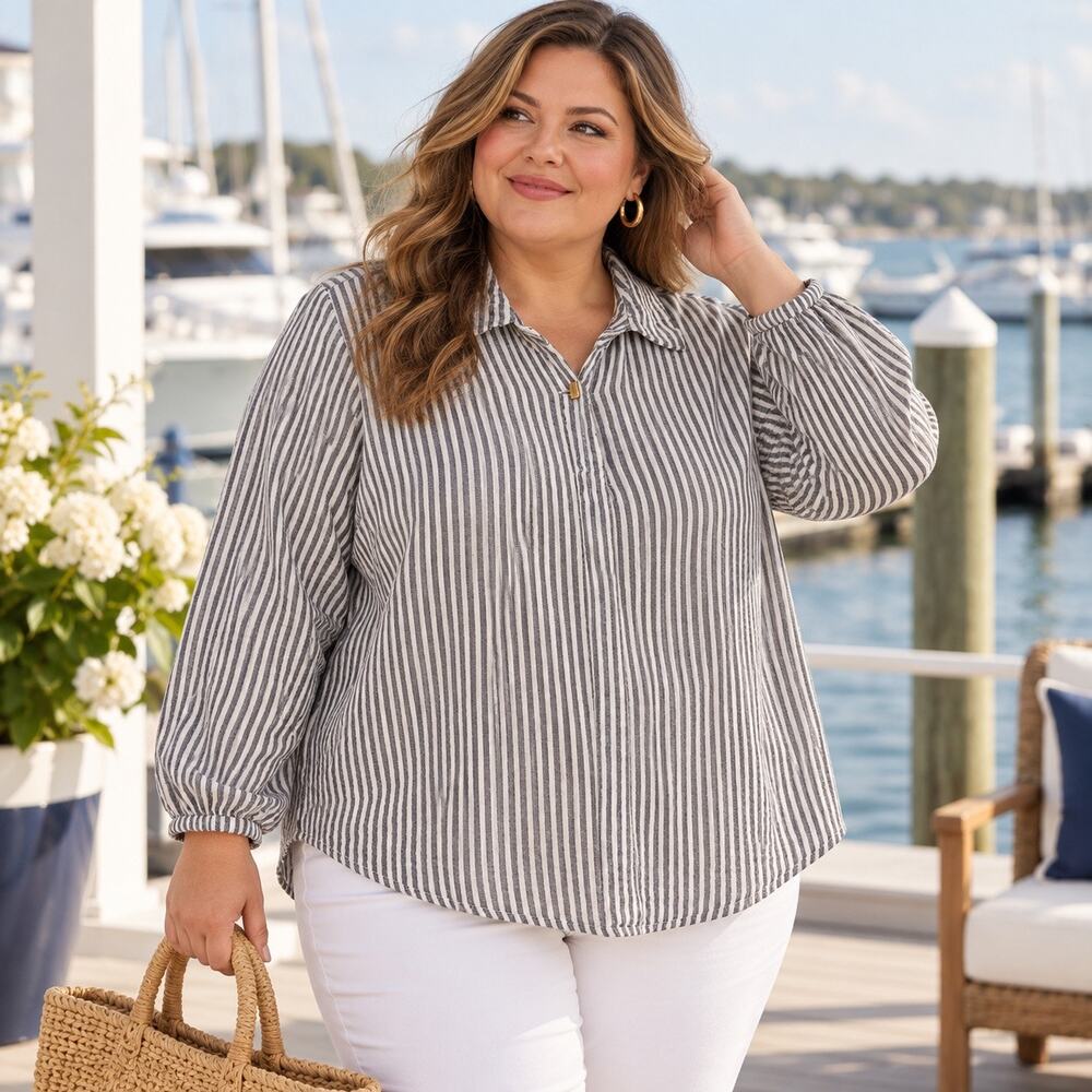 Michael Michael Kors Linen Blend Stripe Womens Shirt Sz 3X Coastal Quiet Luxury